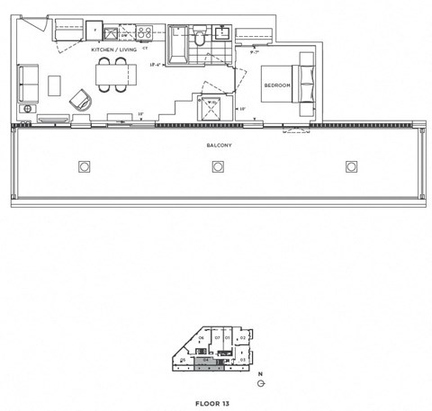 Floor plan for 1 bed, 1 bath, 532 sqft